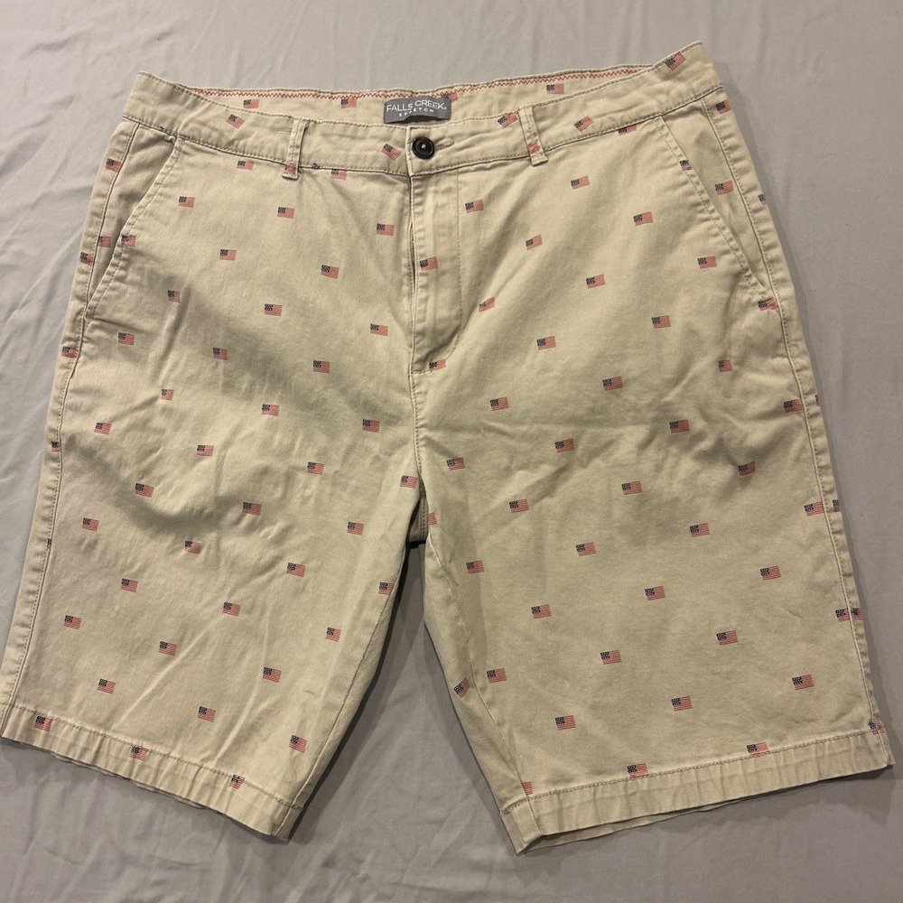 Retro American Flag Khaki Shorts 36‎ Tan Chino Preppy Classic Resort Patriotic